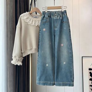 兒童裝 女童春秋洋氣甜美刺繡牛仔褲 中大童新款 寬松休閑直筒褲 子 褲