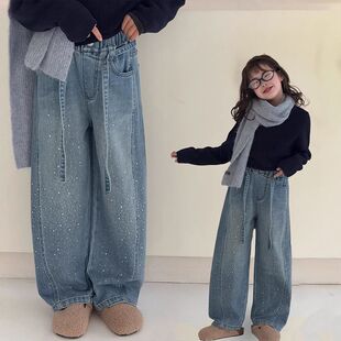 女童裤子儿童装春季新款韩版宽松直筒裤中大童时尚烫钻闪亮牛仔裤