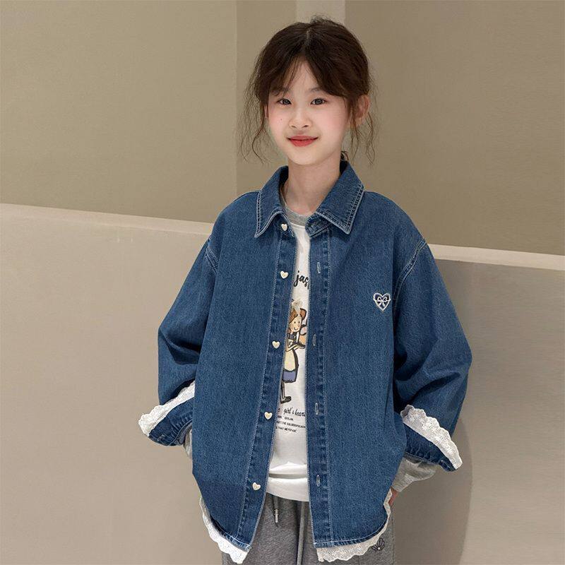 女童甜美蕾丝花边牛仔衣中大童春秋季新款休闲衬衫儿童装百搭外套