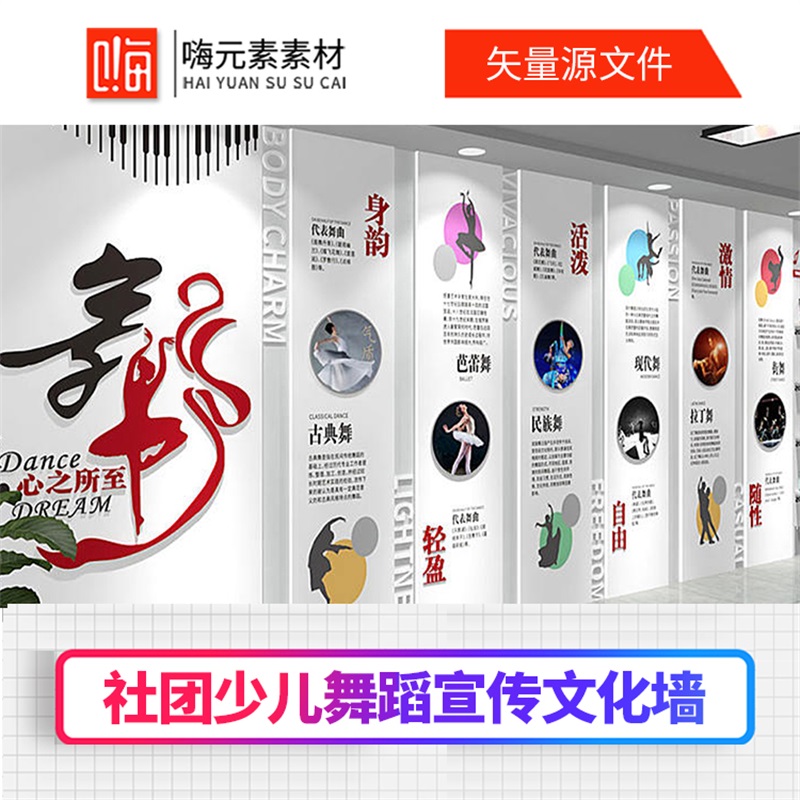 原创少儿舞蹈培训机构室文化墙模版AI设计素材CDR源文件VIP