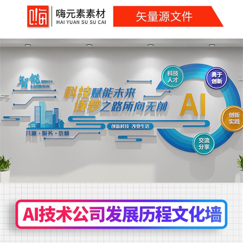 原创蓝色AI科技赋能未来公司企业文化墙/CDR源文件模板全店会员