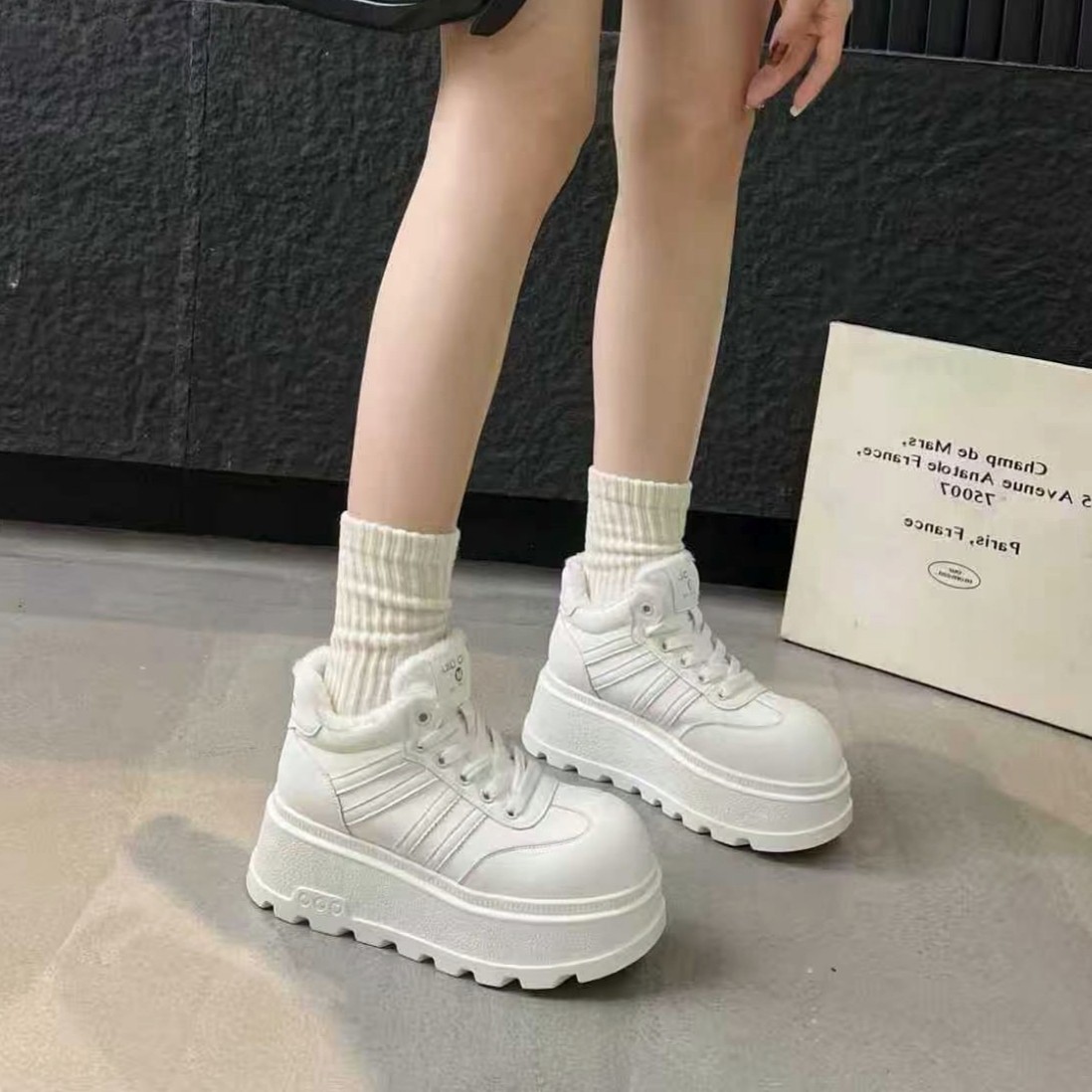 女款6㎝厚底大白鞋中高帮加绒小个子增高百搭休闲棉鞋小白鞋