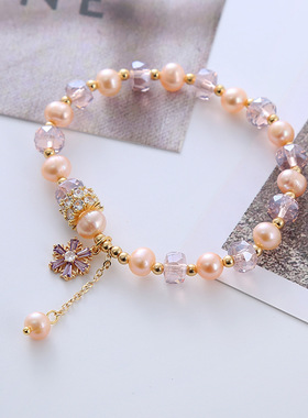 卡卡KA甜美优雅香槟色淡水珍珠子水晶雪花灵动手链冰凌纯碎礼物