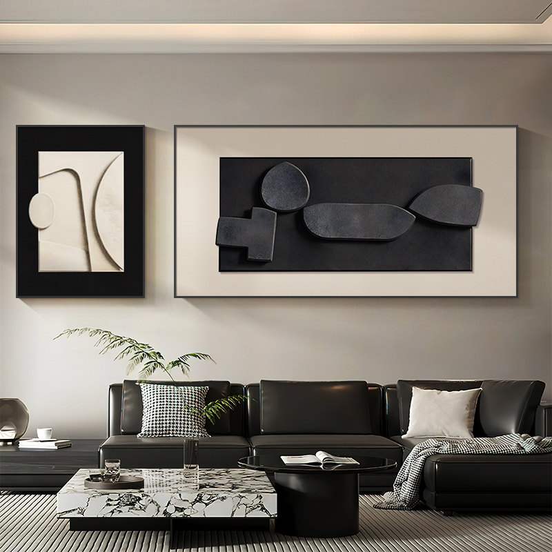 黑白抽象高级肌理感客厅装饰画