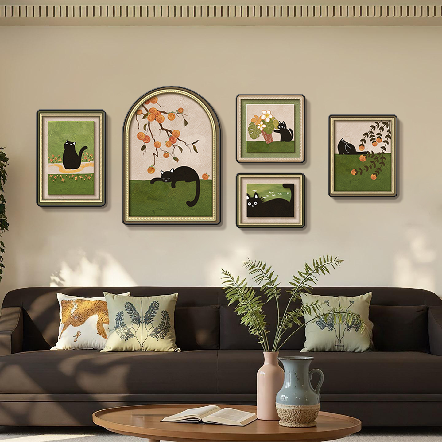 法式趣味猫咪客厅装饰画中古风沙发背景墙挂画复古艺术组合墙壁画图片