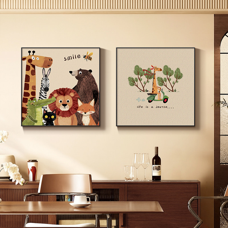 中古风卡通小动物餐厅装饰画可爱温馨饭桌背景墙挂画卧室床头壁画