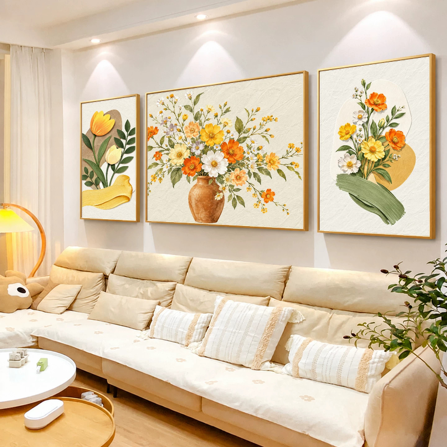 奶油风客厅装饰画现代简约沙发背景墙挂画高级感花卉三联艺术壁画