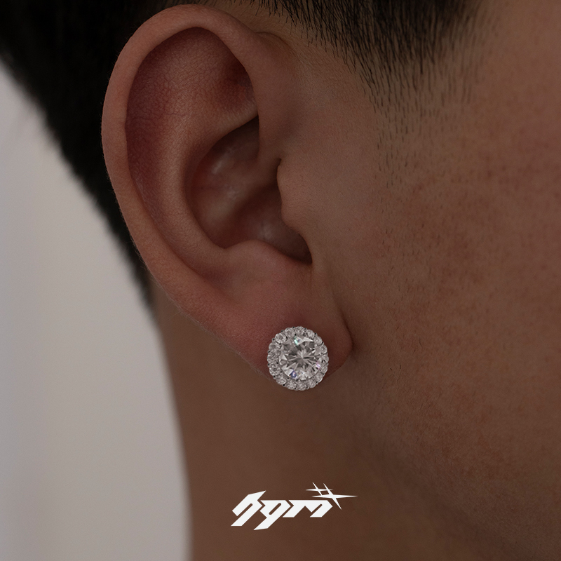 s925银针嘻哈人工锆石男满钻耳饰