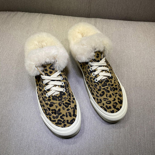 女冬外穿英伦松糕厚底加绒绑带棉鞋 潮 豹纹真皮毛毛鞋 欧货2026新款