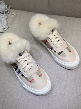 欧货毛毛鞋女冬外穿英伦休闲真皮羊羔毛加绒单鞋系带帆布厚底棉鞋