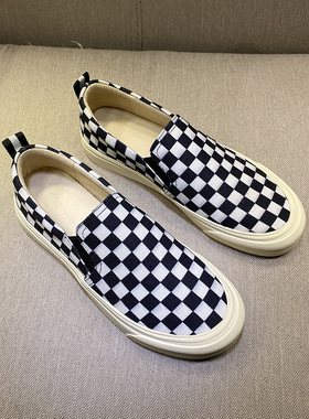 棋盘格子布乐福鞋女英伦2024春新款一脚蹬帆布浅口真皮平底单鞋潮