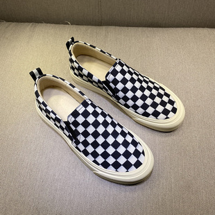 一脚蹬帆布浅口真皮平底单鞋 潮 女英伦2026春新款 棋盘格子布乐福鞋