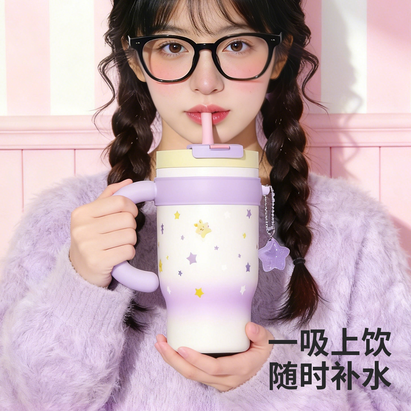 face保温杯水杯女生高颜值大容量新款陶瓷覆层内胆吸管杯子咖啡杯