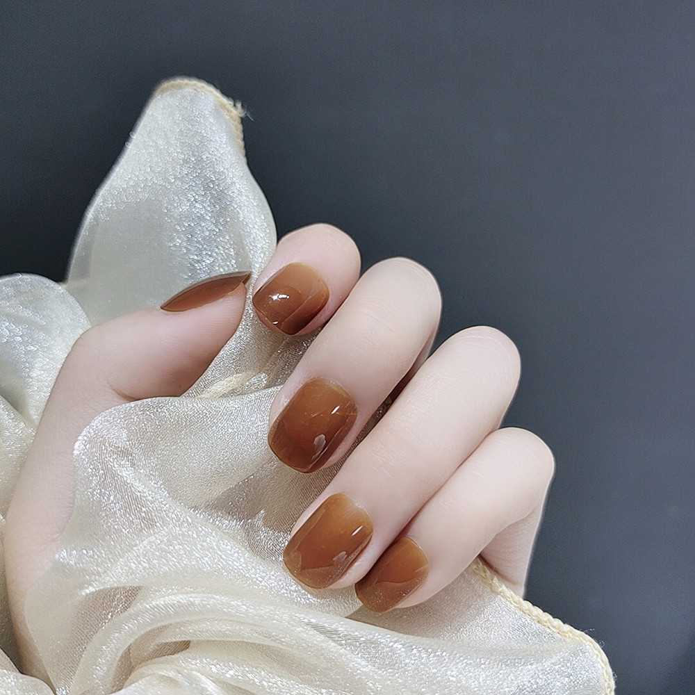 b355赤糖短款纯单色穿戴甲美甲成品可卸甲假指甲甲片指甲贴片显白