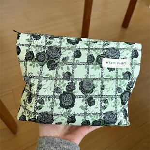 格子玫瑰墨绿色系提花帆布迷你小布包拉链卡包口红耳机收纳袋