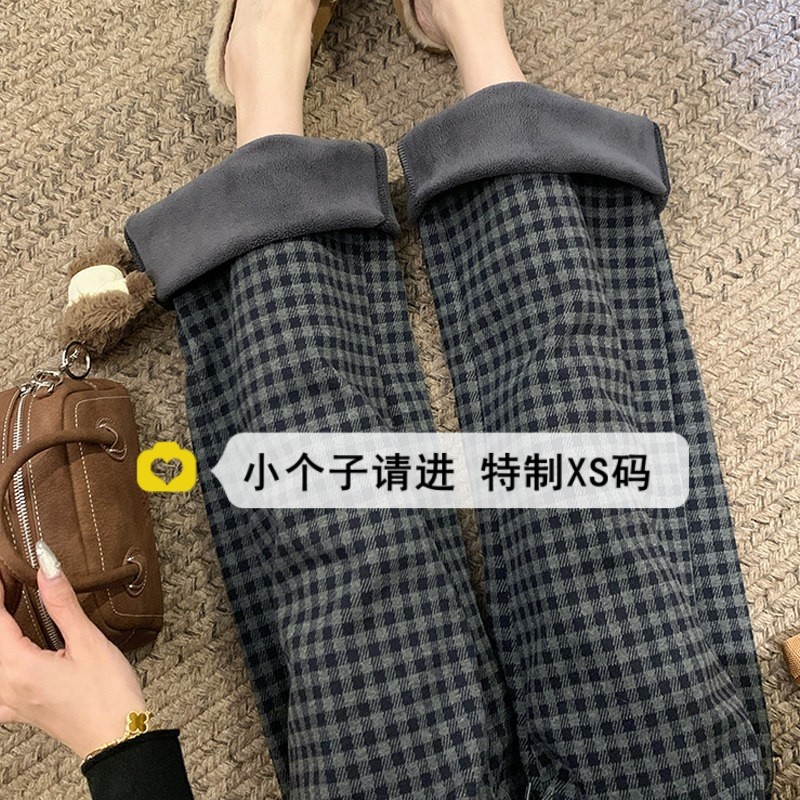 小个子150加绒格子阔腿裤女秋冬加绒加厚宽松抽绳懒惰风休闲长裤