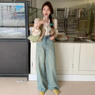直筒长裤 女春秋宽松百搭145xs窄版 子150浅蓝色牛仔阔腿裤 小个子裤