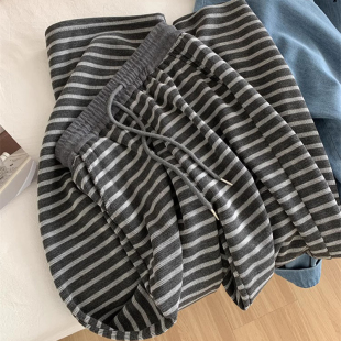 150小个子复古条纹九分阔腿裤女春秋高腰垂感宽松显瘦休闲直筒裤