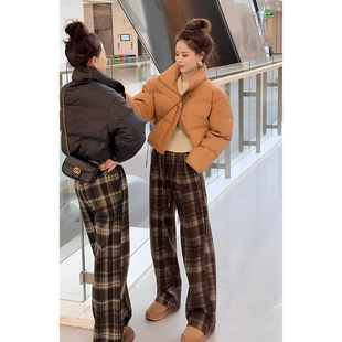 小个子裤子150加厚格子阔腿裤女复古毛呢休闲裤145加绒直筒长裤子