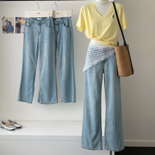 高腰宽松145阔腿长裤 2025新款 女春夏季 150小个子浅蓝色直筒牛仔裤