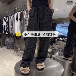 小个子加绒裤子150豹纹毛呢阔腿裤女秋冬加厚懒惰风休闲直筒长裤