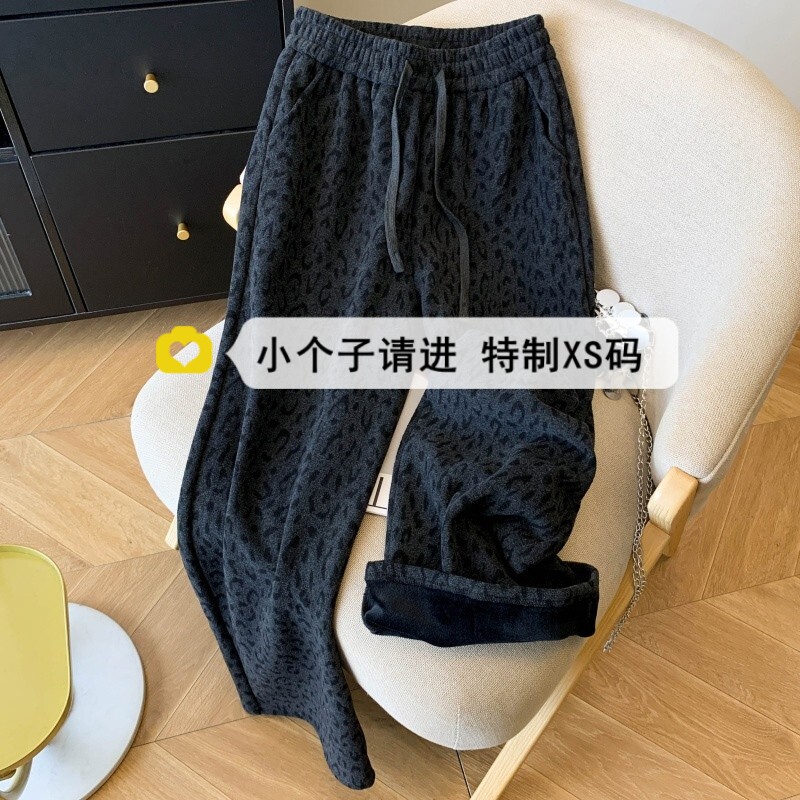 小个子150加厚毛呢阔腿裤女秋冬加绒豹纹休闲裤复古百搭直筒长裤