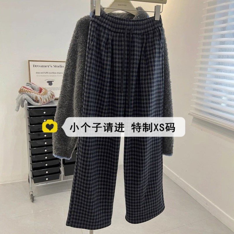 150小个子复古加绒格子阔腿裤女冬季加绒加厚抽绳垂感休闲直筒裤,女装/女士精品,休闲裤,淘宝优惠券,粉丝福利购,淘宝优惠卷