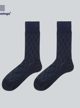 oceanwings 男士商务休闲菱格条纹中筒袜藏蓝色正装皮鞋黑色男袜