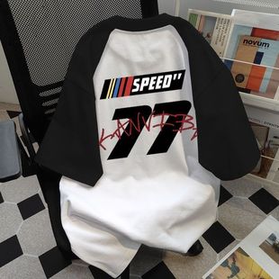 情侣宽松上衣 t恤女夏插肩中长款 美式 复古纯棉设计感数字印花短袖