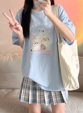 100%纯棉美式猫咪印花韩系慵懒短袖T恤女夏宽松百搭可爱学生上衣