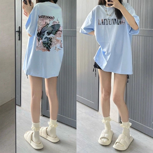夏日多巴胺100%纯棉高街潮流新款 T恤女设计感宽松ins情侣上衣 短袖