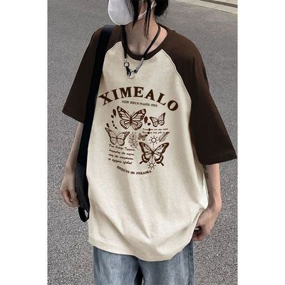 100%纯棉新款拼接撞色插肩短袖美式复古t恤女oversize宽松ins上衣