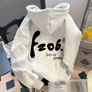 美式 宽松慵懒风学生情侣上衣 设计感字母印花连帽卫衣女加绒秋冬季