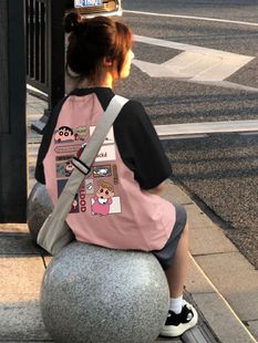 黑粉拼色插肩短袖 韩系甜美宽松小众设计感oversize上衣 t恤女夏季