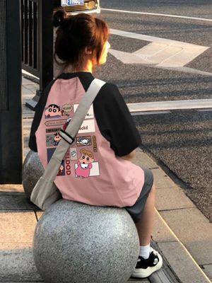 黑粉拼色插肩短袖t恤女夏季韩系甜美宽松小众设计感oversize上衣