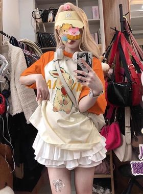 甜美盐系穿搭橙色插肩纯棉短袖t恤女夏季新款oversize长款ins上衣