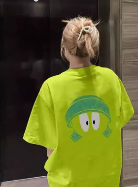 荧光绿夏日多巴胺穿搭美式纯棉短袖t恤女新款宽松洋气显瘦ins上衣