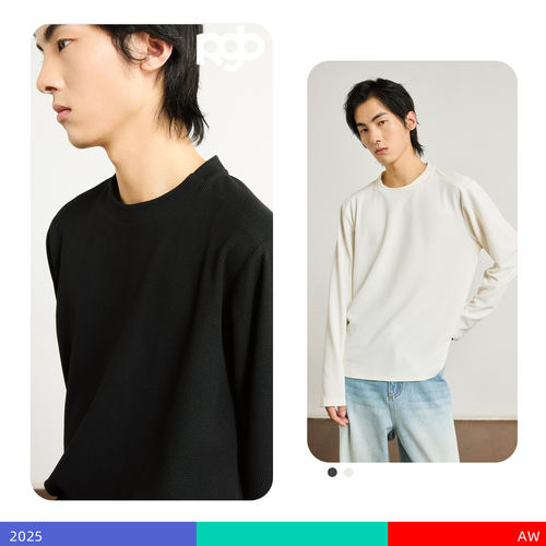 KAMIANGER RGB2025秋冬新款半螺纹华夫格基础款重磅长袖T恤