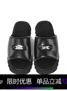 Kami anger原创设计黑色手工厚底休闲汉堡拖鞋 增高圆头鞋