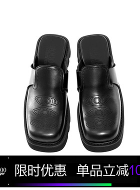 Kami anger眼睛刺绣方包头博肯鞋 时尚厚底黑色休闲增高半拖鞋