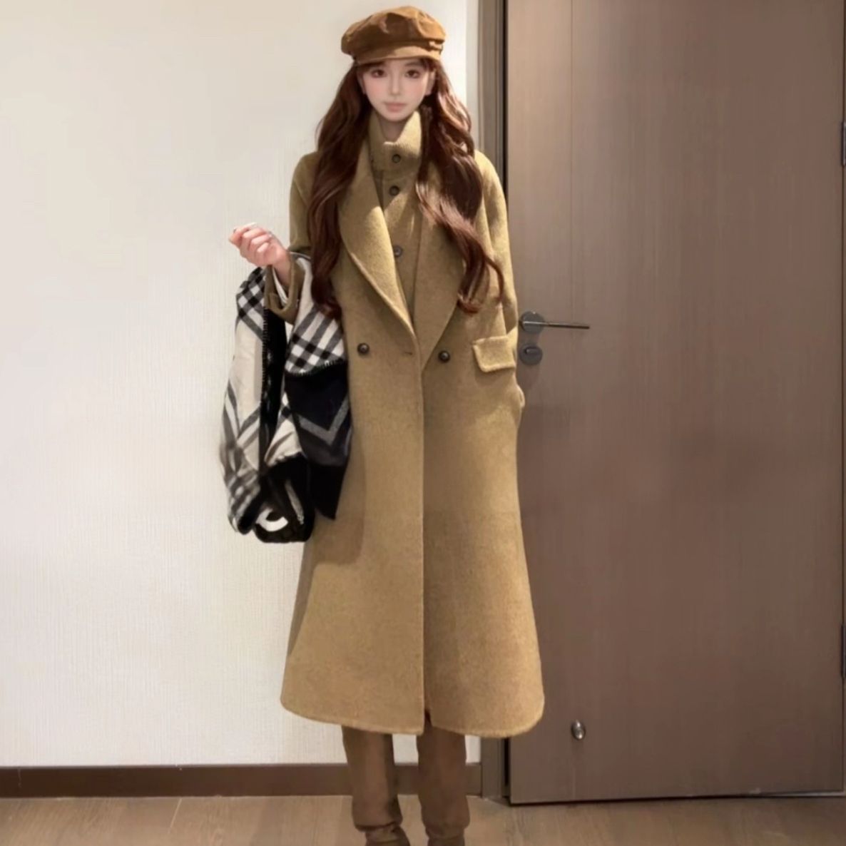 时尚新款秋冬双面毛呢大衣马甲两件套装中长款气质百搭显瘦外套