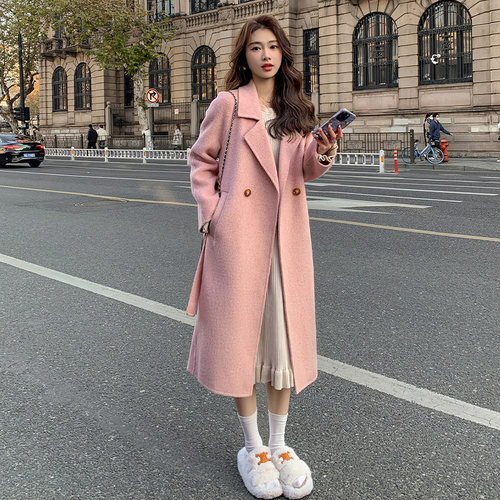 粉色双面绒宽松系带呢子大衣女