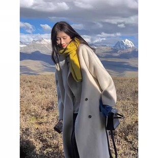 燕麦色双面呢羊绒大衣女中长款2025秋冬季新款韩系过膝羊毛呢外套