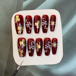 轻奢风红色鎏金手工穿戴甲可拆卸美甲贴片长款 假指甲