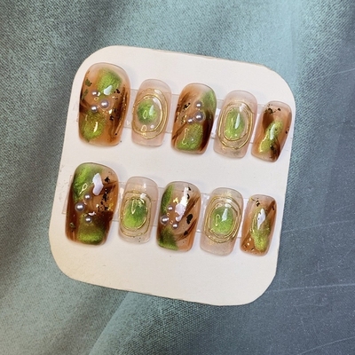 琥珀绿色猫眼手工定制美甲穿戴甲