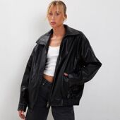 皮夹克 欧美上衣年翻领廓形2024机车风外套PU落下摆松紧皮衣拉链