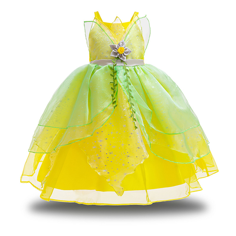女童生日派对青蛙公主礼服裙舞台演出绿色蒂安娜服装Tiana Dress