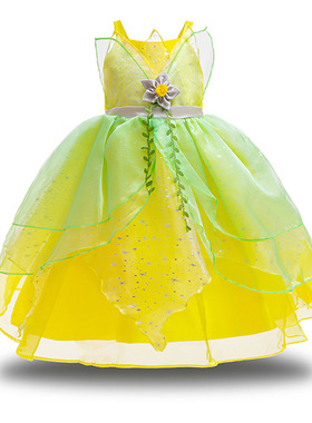 女童生日派对青蛙公主礼服裙舞台演出绿色蒂安娜服装Tiana Dress