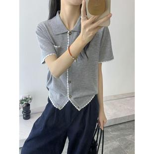t恤女 CC2025早秋独特超好看单穿设计感chic韩系上衣翻领针织短袖