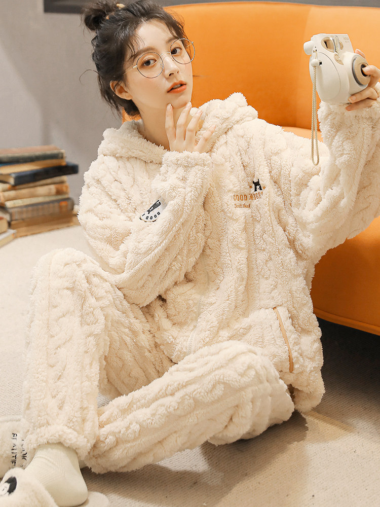 여성용 산호 벨벳 잠옷 가을 겨울 플러스 벨벳과 두꺼운 플란넬 여성용 겨울 가디건 캐주얼 홈웨어 겨울 스타일